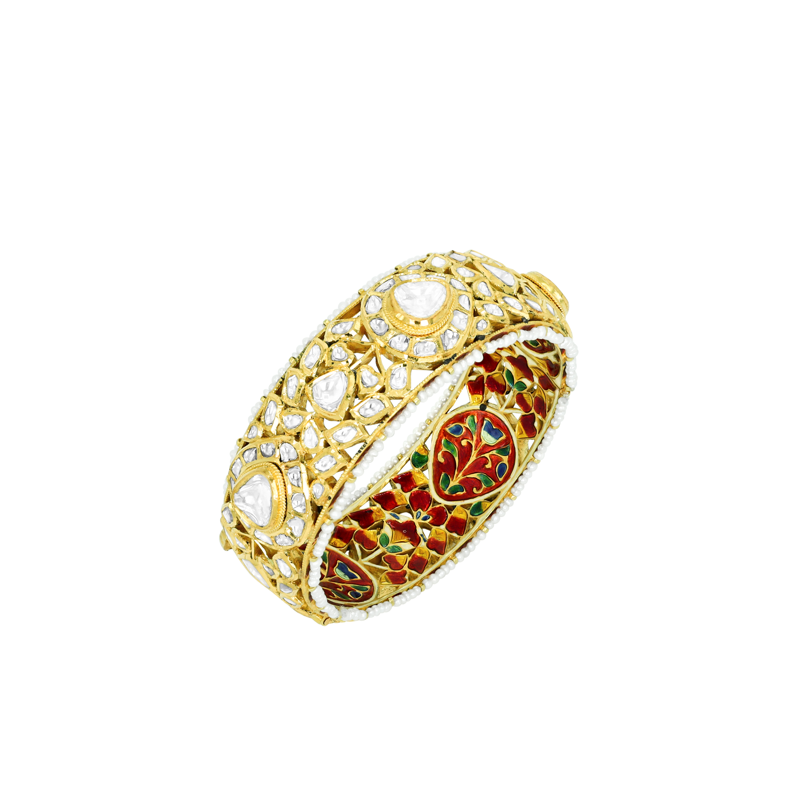 Lattice Polki Bangle with Red-Green Enamel and Pearls